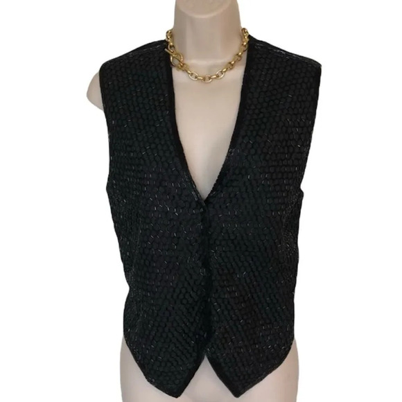 Sellecca Black vintage 80’s 90’s sequins glitter vest Medium adjustable back - Picture 3 of 11
